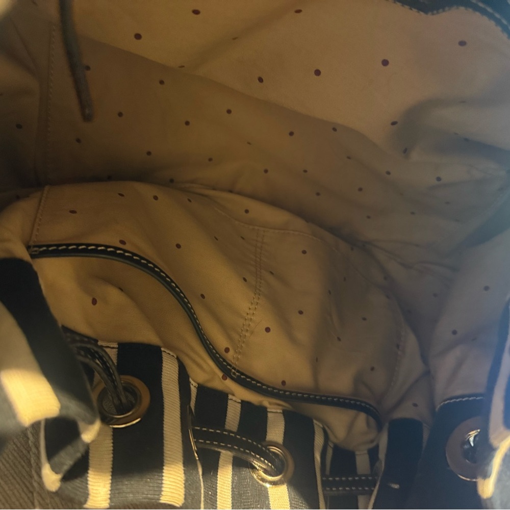 Kate Spade Striped Canvas Leather Hobo Bag Black White Drawstring Shoulder Tote - Picture 7 of 16